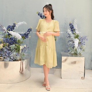 Đầm bầu hè thời trang, váy bầu mặc công sở màu xanh bơ dáng xòe chất voan mềm điệu đà thoáng mát nhẹ nhàng-MOMBABY