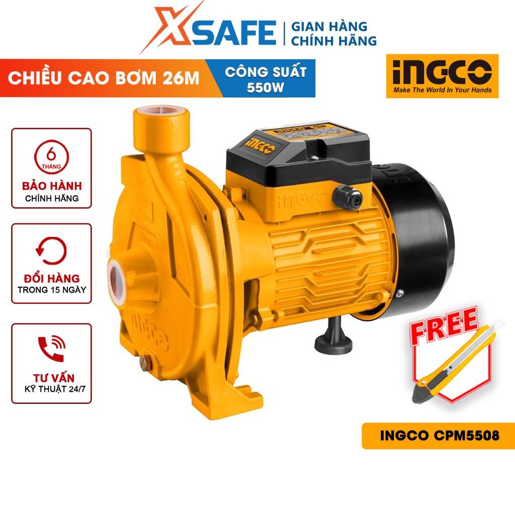 Máy bơm li tâm INGCO CPM5508 Máy bơm nước công suất 550W(0.75HP), chiều cao bơm tối đa 26m, cánh quạt đồng thau