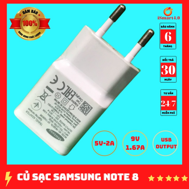 Cục sạc Samsung Note 8 chính hãng màu trắng, sạc nhanh, đầu ra USB phù hợp nhiều thiết bị đầu tròn dễ cắm.