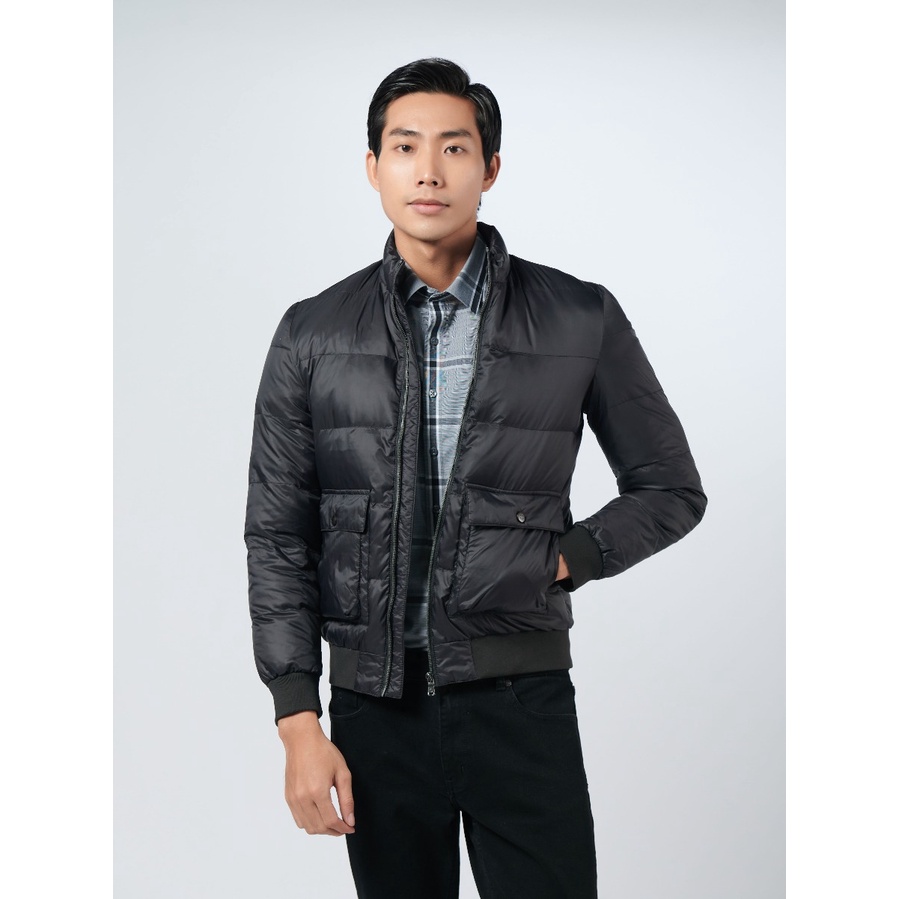 Áo khoác phao nam Owen JK220711 jacket 2 lớp màu đen trơn vải polyester cao cấp dáng suông không mũ cổ đứng bo tay gấu