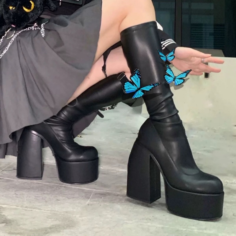 (HÀNG CÓ SẴN) Bốt đùi da mềm độn đế gót vuông cao BIG SIZE 40-43