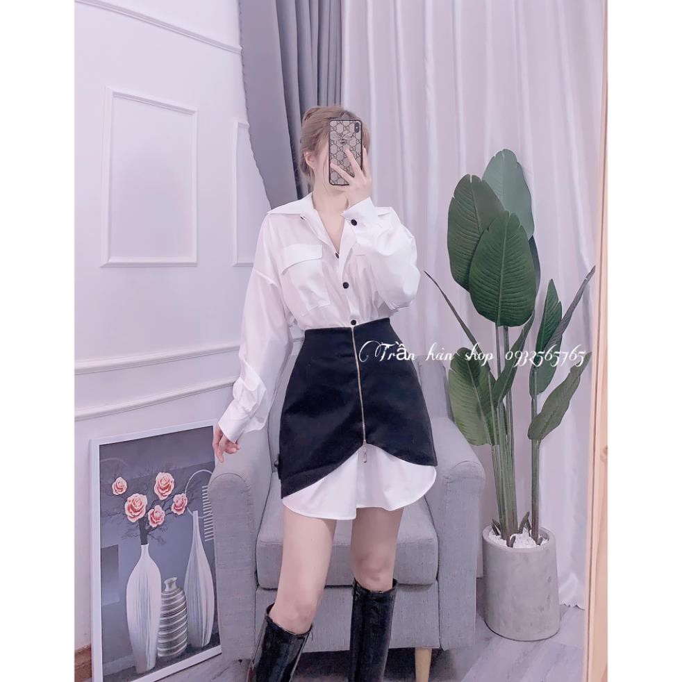 Set váy sơ mi mix kèm chân váy khóa kéo trước💥MS:4011280