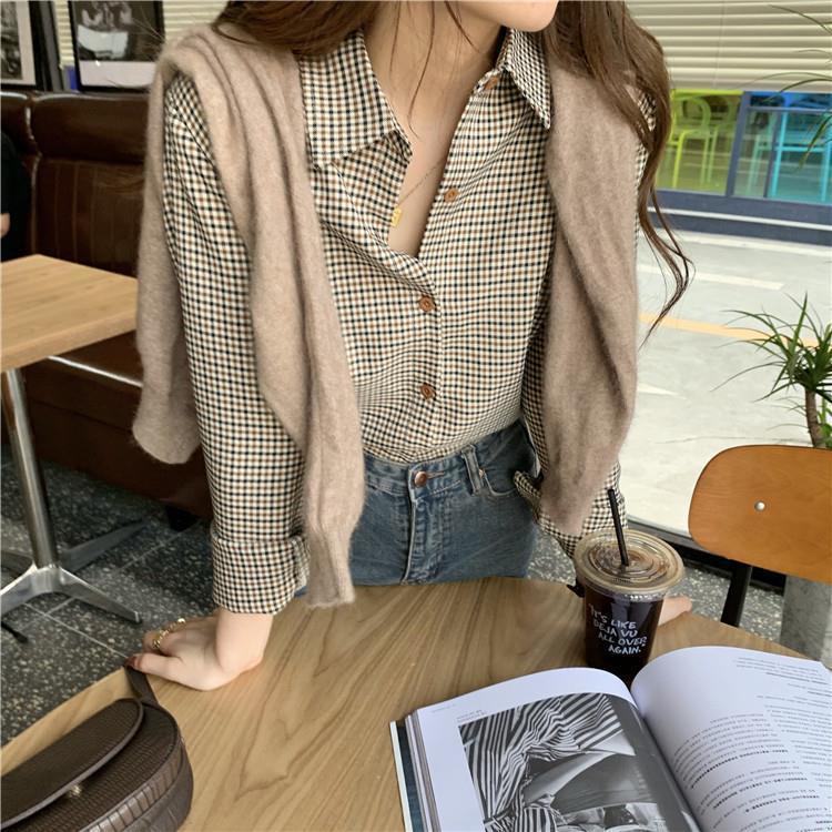 Áo Sơ Mi Tay Dài Kẻ Sọc Caro Phong Cách Retro Dễ Phối Đồ Thời Trang Cho Nữ
