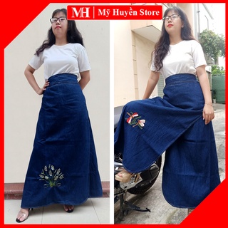 Váy Chống Nắng Xẻ Tà Vải Jean Dày Mềm Thêu Họa Tiết Dễ Thương Có Nút Bấm Chắc Chắn Mỹ Huyền Store