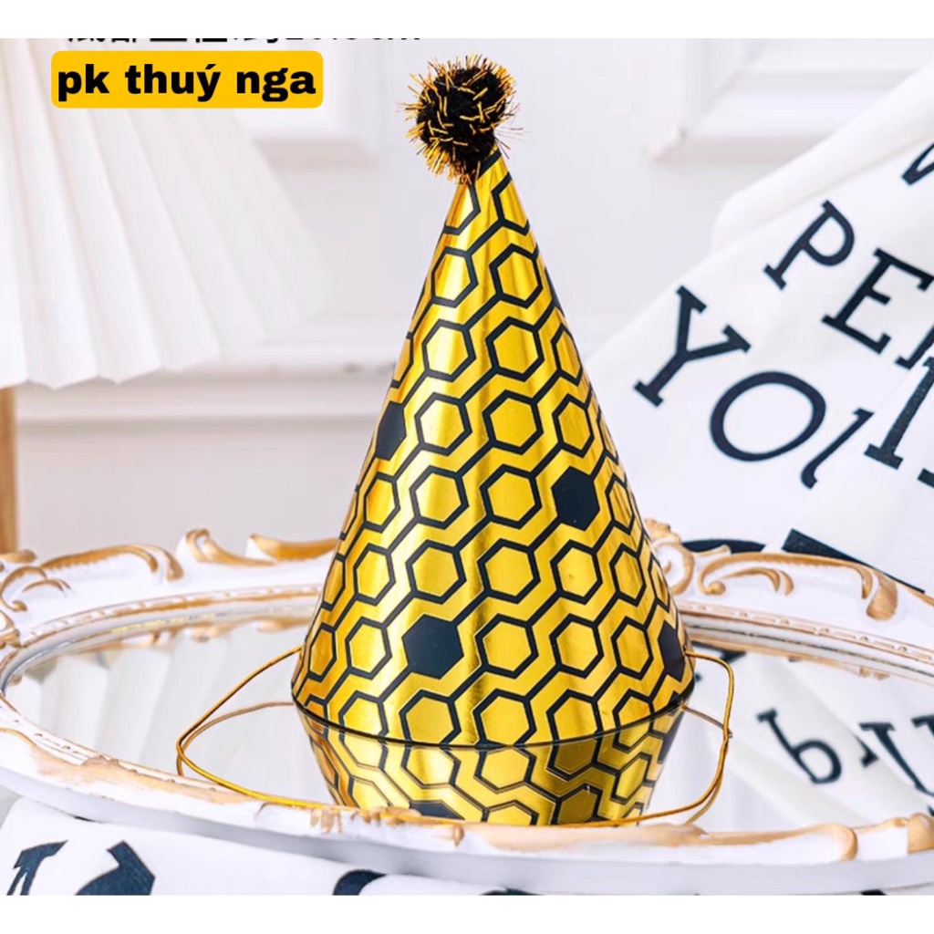 10 mũ sinh nhật gắn quả bông ép kim-11x17cm