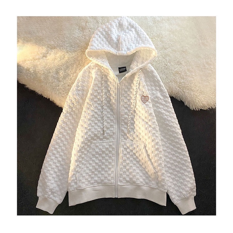 Áo khoác hoodie nỉ khóa kéo vân nổi phong cách Hàn Quốc