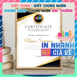 In Giấy khen, giấy chứng nhận, khung vàng, chứng nhận giải thưởng hiện đại, sang trọng