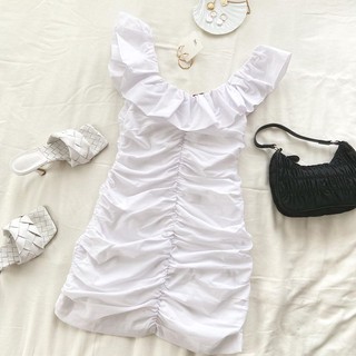 Váy trắng trễ vai nhún 2 lớp co dãn💖 Đầm trắng trễ vai bèo nhún thân V951