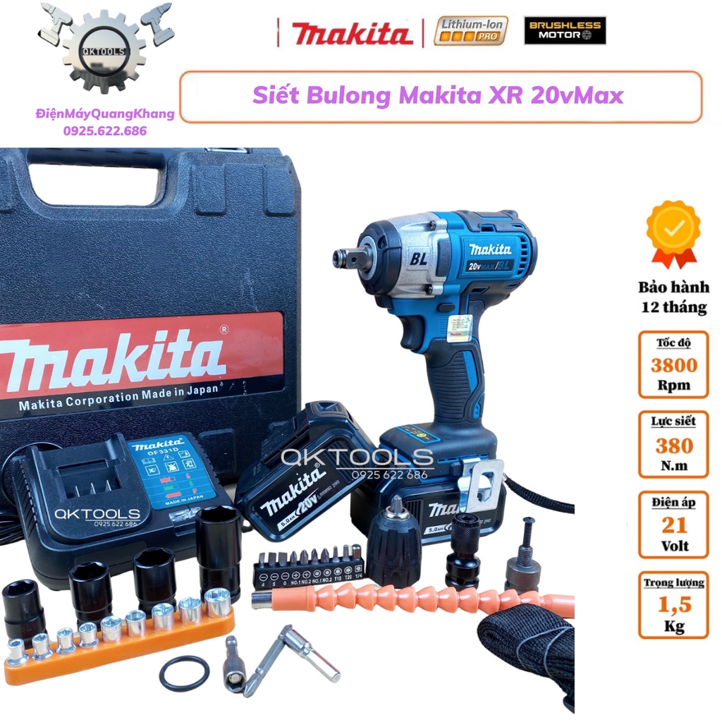 Máy siết bulong MAKITA 20v 480Nm Động Cơ Không Chổi Than, 3 Đèn Led Trợ Sáng