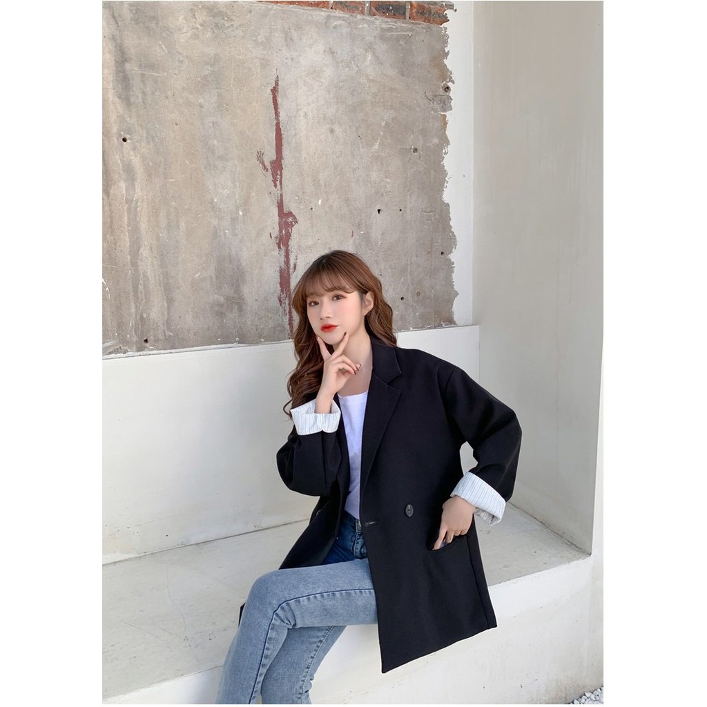 ÁO BLAZER ĐEN PHỐI TAY SỌC BASIC OVERSIZE KOREAN STYLE - AK055