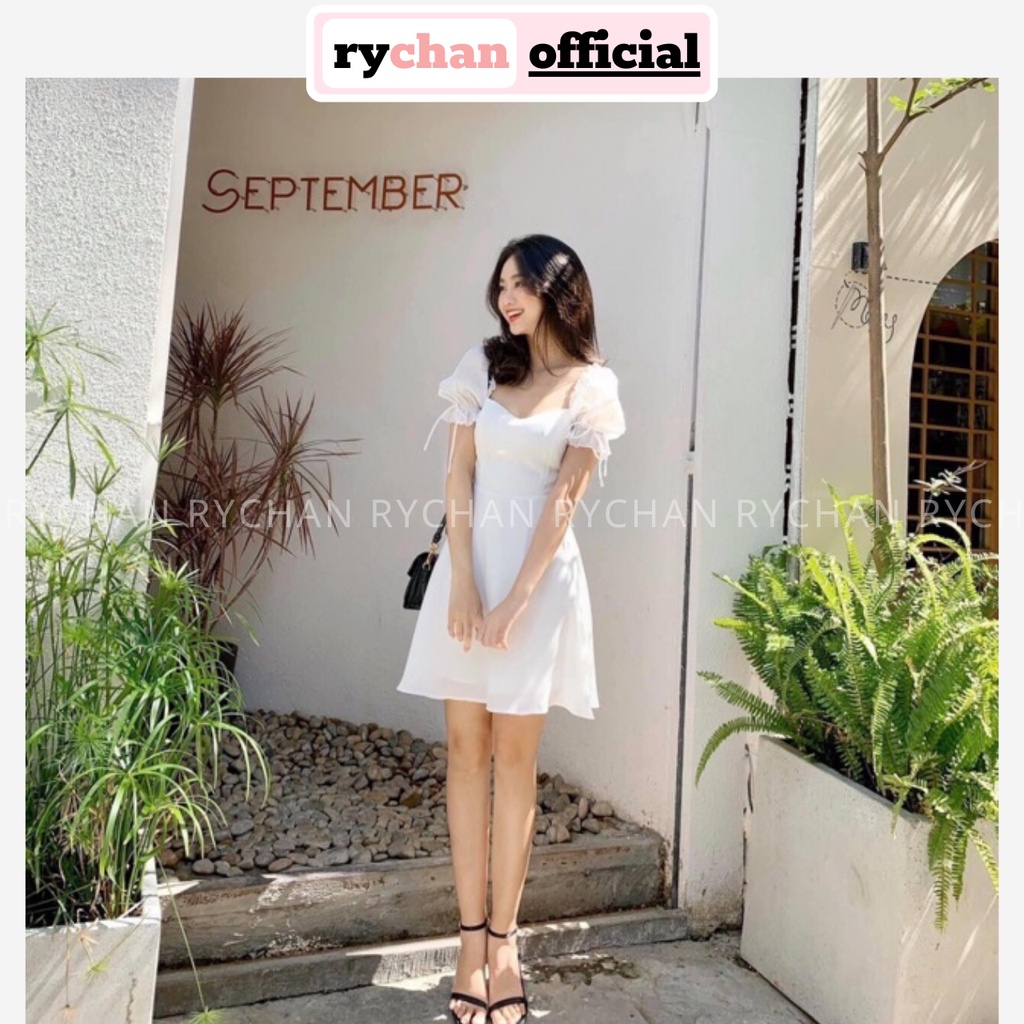 Đầm Dự Tiệc Sang Chảnh Form Ngắn Xòe Tay Phồng Nơ Cỏ Vuông Bo Eo Cực Hot Màu Trắng [ẢNH THẬT CUỐI] - DX9833