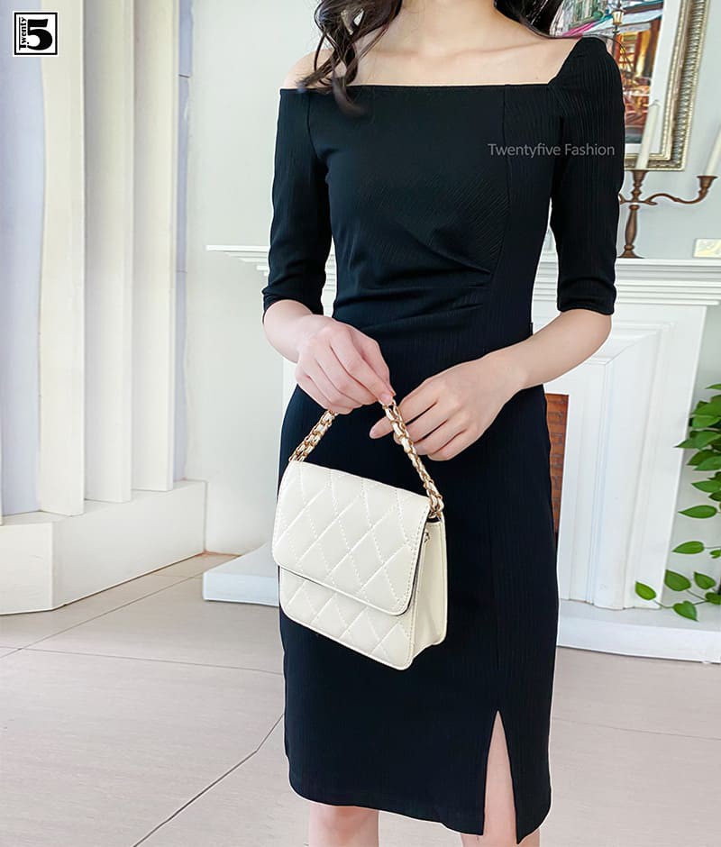 Đầm thun ôm body vai lệch xếp ly nhún eo tay lửng Twentyfive N275