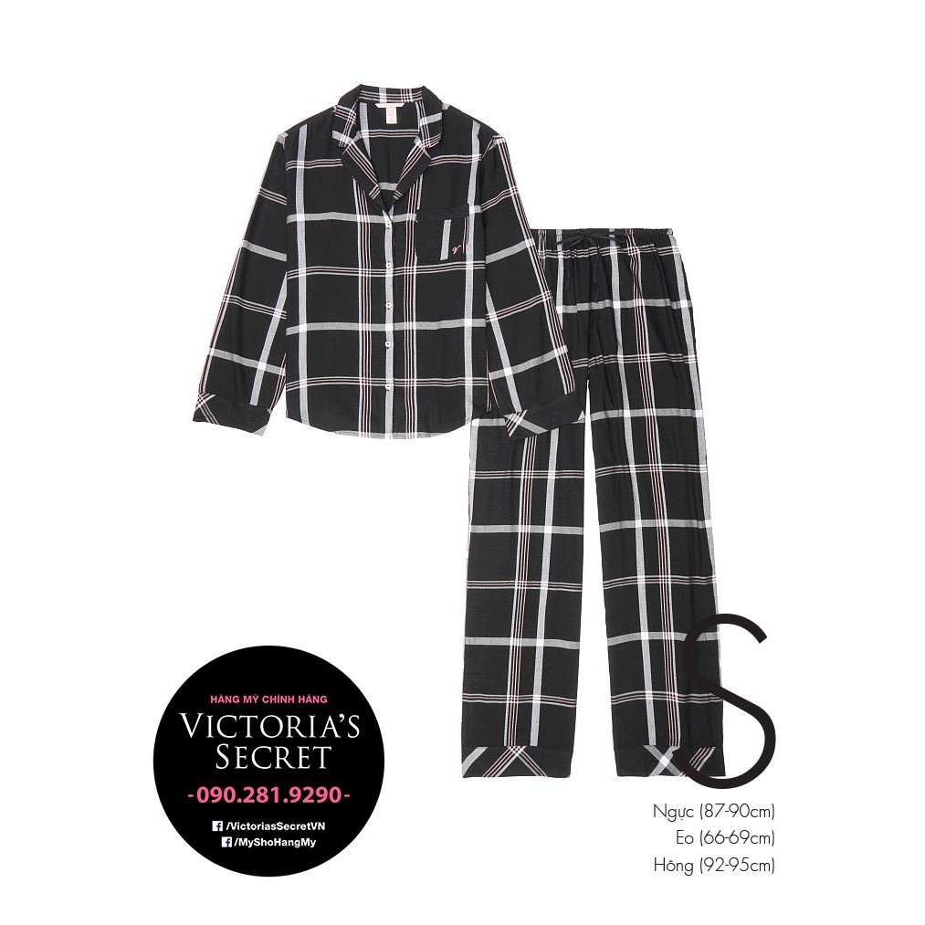 (Pyjama S) - Bộ đồ ngủ dài đen phối caro (27) cực xinh, vải Cotton Plannel, Bold Plaid - Victoria's 