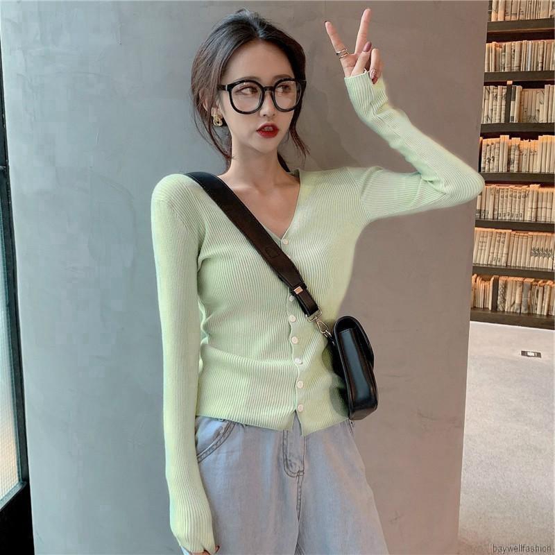 [Baywellfashion]Áo khoác cardigan cổ chữ V màu trơn thời trang Hàn Quốc | BigBuy360 - bigbuy360.vn