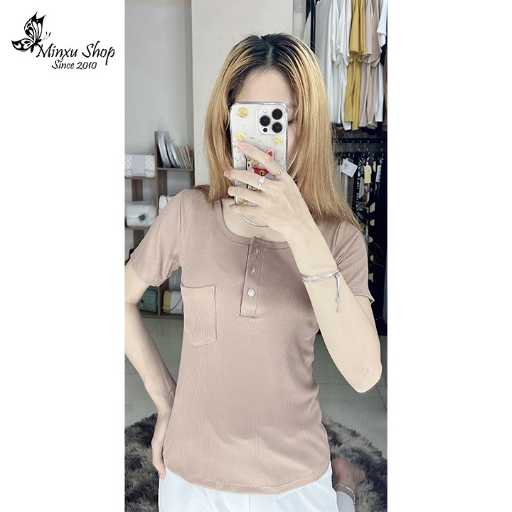 Áo thun nữ vải tăm cúc ngực, áo phông có túi ngực co giãn ôm body phong cách Hàn Quốc Minxu Shop ATD