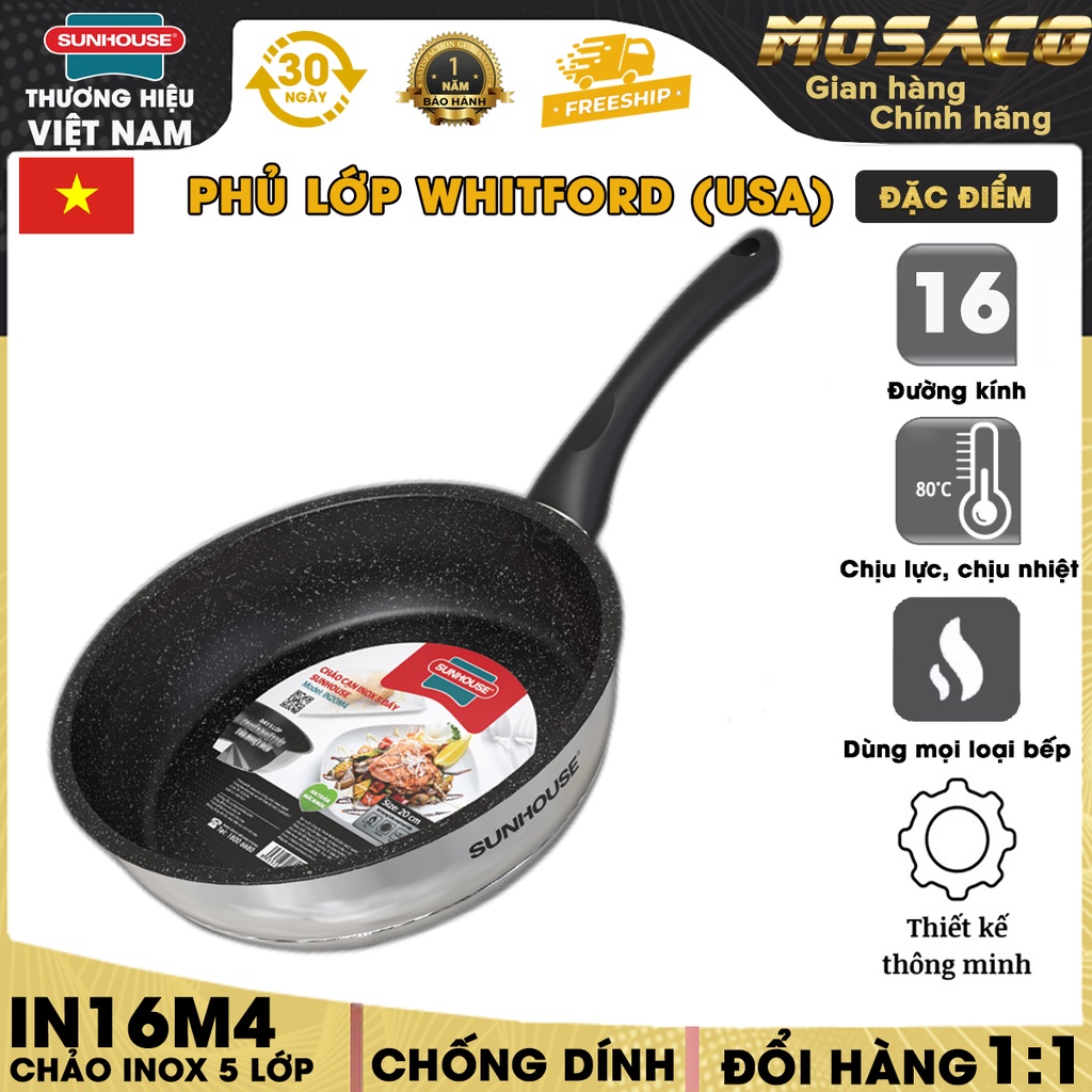 Chảo inox 5 đáy Sunhouse 16cm IN16M4 phủ lớp chống dính Whitford Chảo có tay cầm chắc chắn, chịu nhiệt tốt - MOSACO