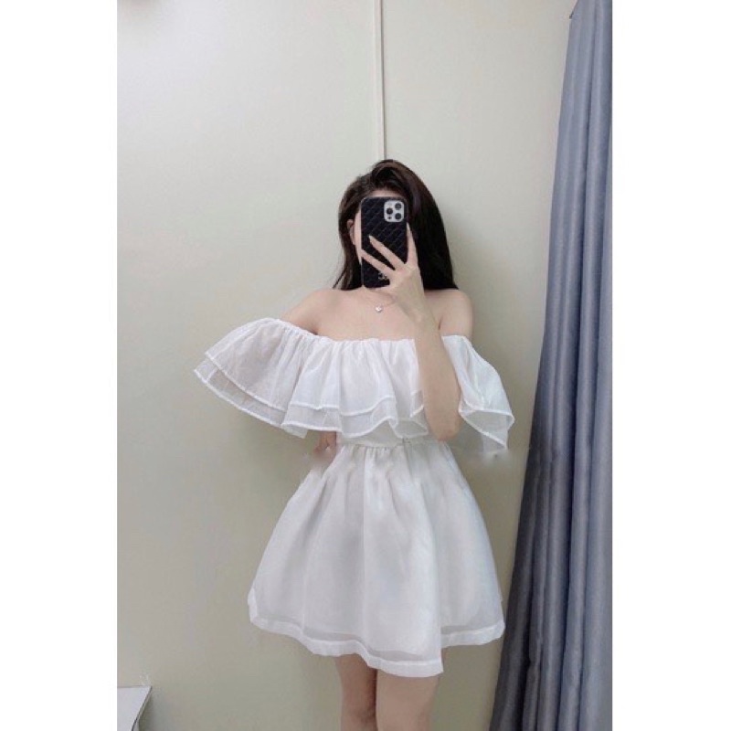 Đầm Bánh Bèo Trễ Vai Phồng Chất Tơ Óng Mẫu Mới, Trễ Vai Bánh Bèo 2 Tầng Bèo Tiểu Thư Chan House