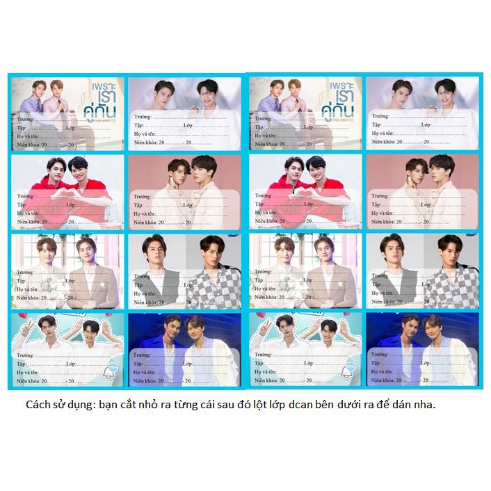 Nhãn vở couple Thái BrightWin, BounPrem, GeminiFourth, PondPhuwin 1 sét gồm 16 cái có keo, không cắt sẵn