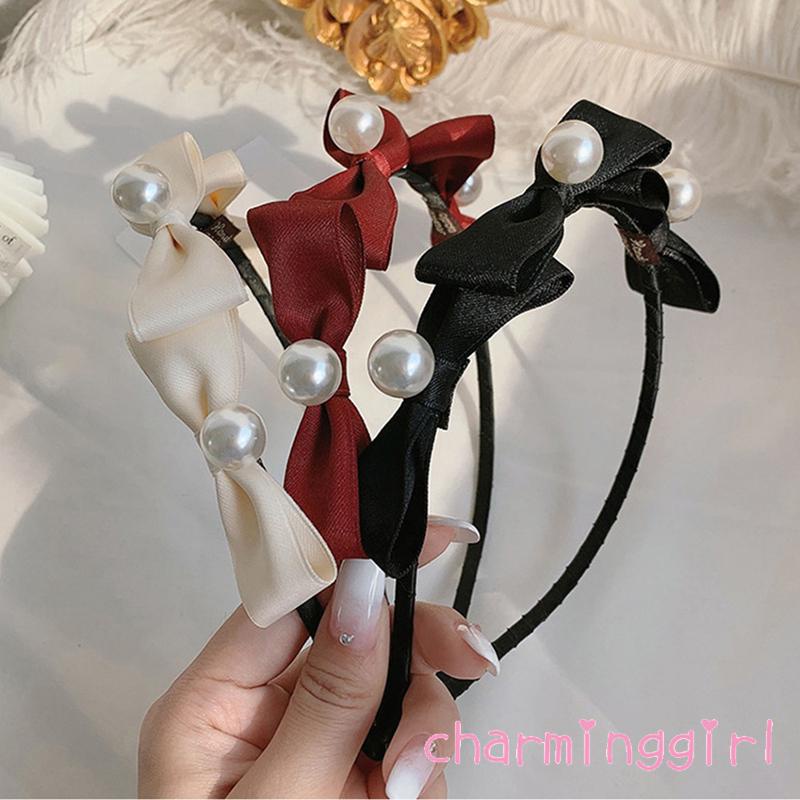 Băng Đô Cài Tóc Bằng Lụa Co Giãn Trang Trí Nơ Và Ngọc Trai Một Kích Thước