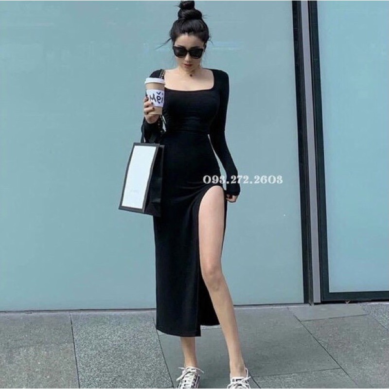 Đầm body xẻ tà cao tay dài cổ vuông - Hàng bao đẹp