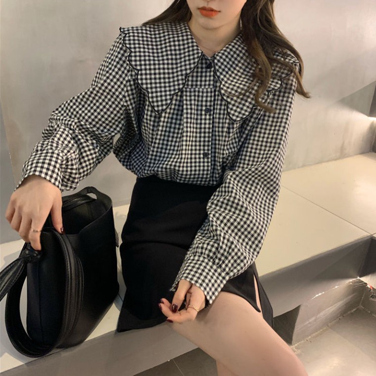 Áo sơ mi cổ búp bê kẻ sọc thời trang retro cho nữ