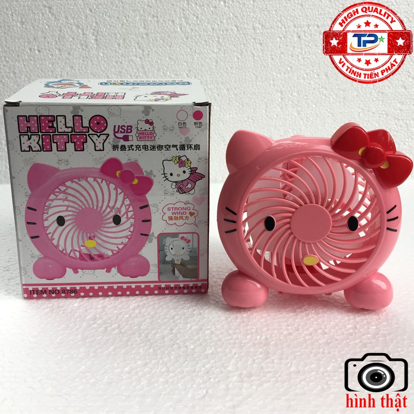 Quạt sạc tích điện mini cầm tay hình Hello Kitty thiết kế cute xinh xắn dễ thương gió mạnh chạy êm, gấp gọn để bàn