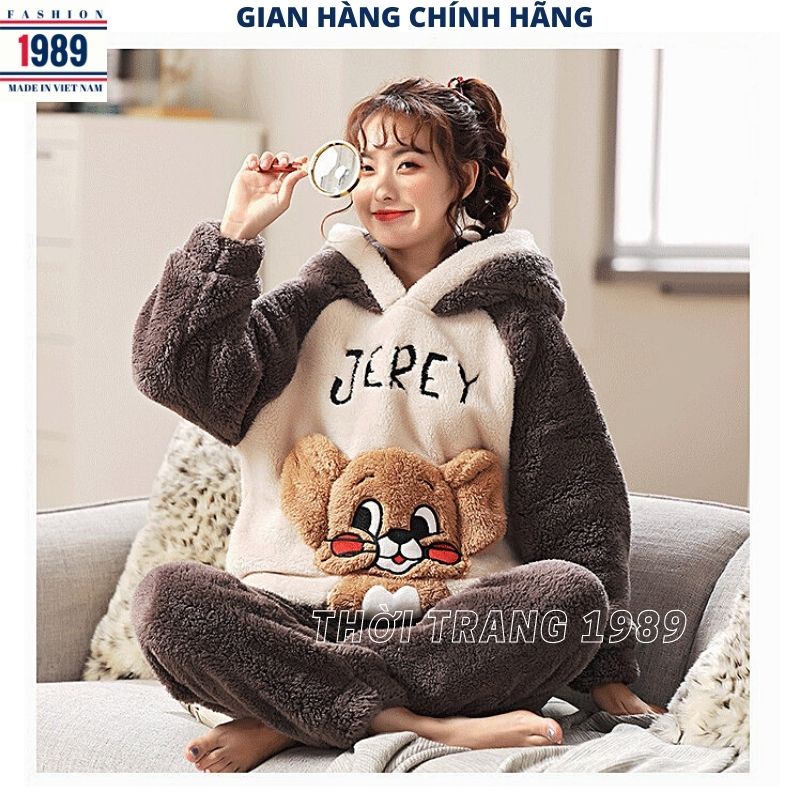 Bộ đồ mặc nhà lông gấu chuột RENI , bộ ngủ lông cừu tai thỏ kiểu dáng hàn quốc ulzzang , vintage kute dễ thương -PHƯ1989