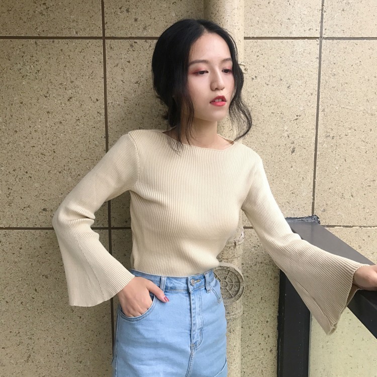 Áo Sweater Nữ Tay Loe Cổ Tròn Thời Trang Xuân Thu Phong Cách Hàn Quốc