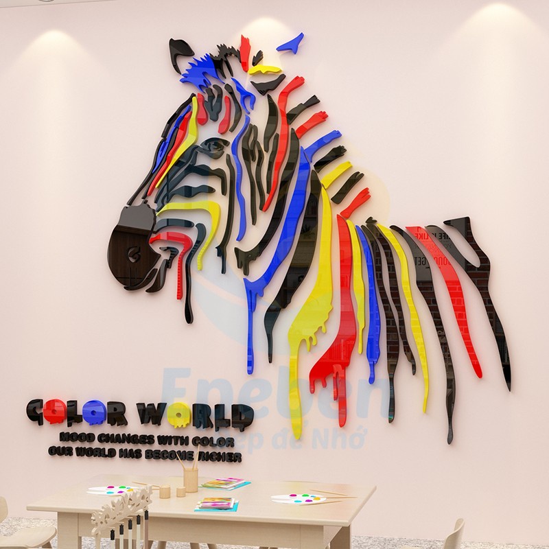 Tranh dán tường mica 3d hình con ngựa thế giới sắc màu trang trí mầm non, phòng cho bé Nhiều Size - EPeBen