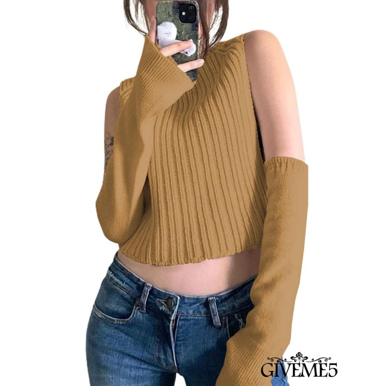 Áo len dệt kim cổ cao màu trơn và đôi tay áo cùng màu cá tính độc đáo cho nữ