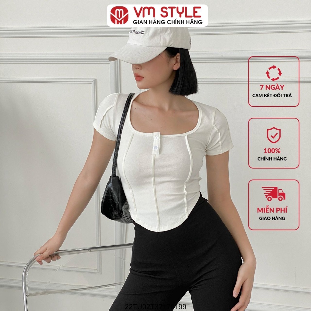Áo croptop trơn nữ VMSTYLE chất thun co giãn ngắn tay xếp ly-T3712- ATU00017