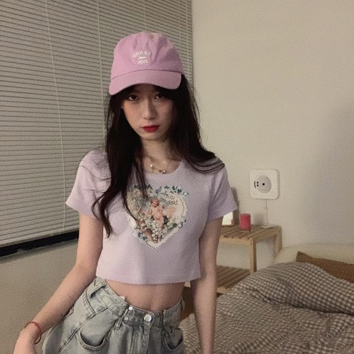 Áo Croptop Tay Ngắn Cổ Tròn In Hình Thiên Thần Thời Trang Dành Cho Nữ