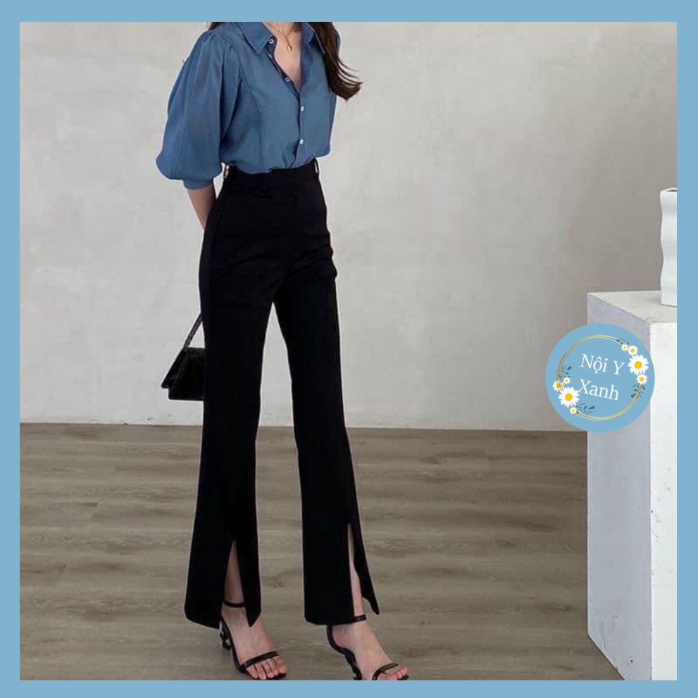 Quần ống loe xẻ gấu chất vitex tuyết mưa phong cách hàn quốc ulzzang babydoll bánh bèo nội y xanh