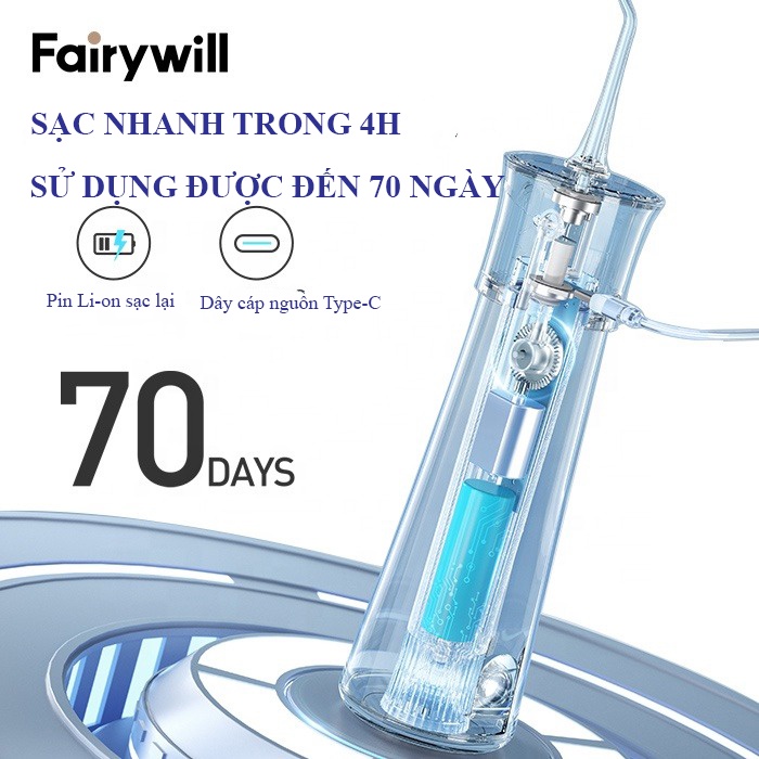 Tăm nước cầm tay fairywill F30  hàng Đức chăm sóc răng miệng niềng, implant tặng củ sạc