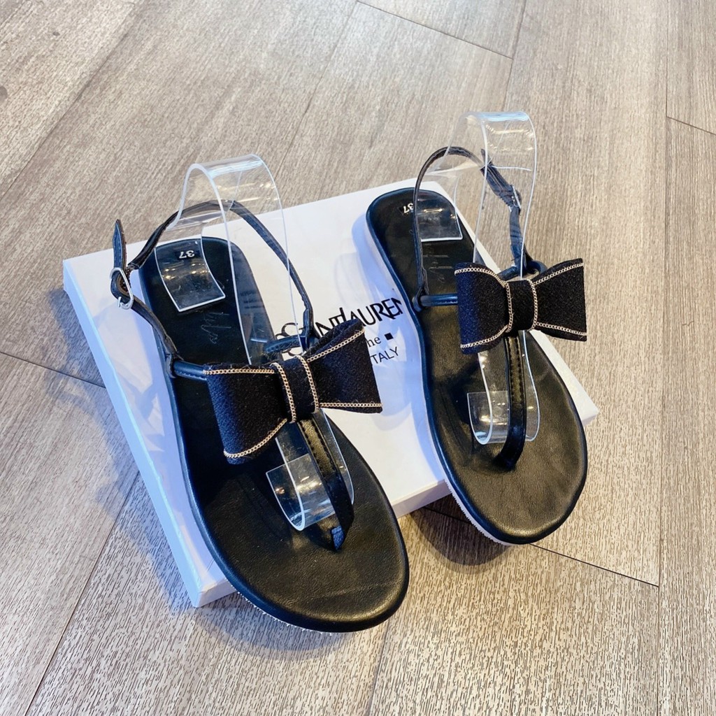 Sandal bệt đế bằng quai T xỏ ngón nơ vải Siêu xinh