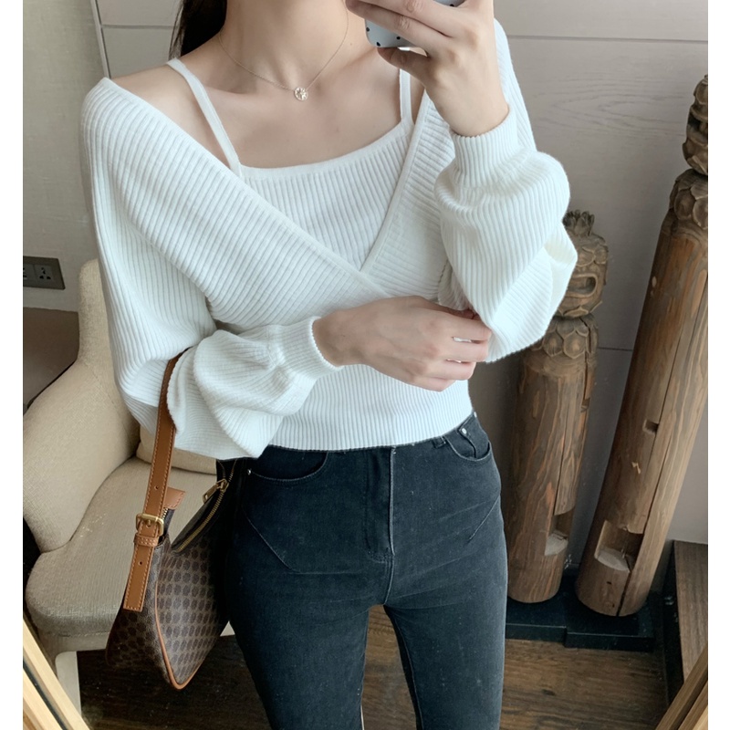 SUXI Áo dệt kim trễ vai cổ V phong cách Vintage thời trang đơn giản cho nữ