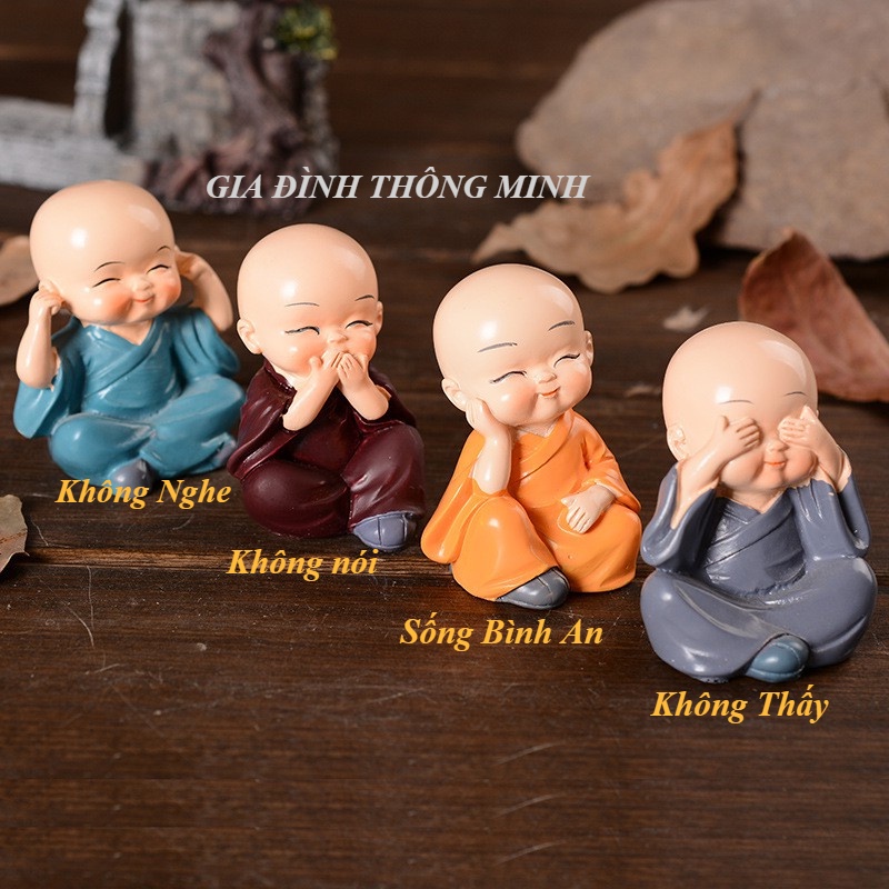 Bộ Tượng Chú Tiểu Hòa Thượng Tứ Không - Bộ Tượng 4 Tư Thế , Trang Trí Xe Hơi, Để Bàn Làm Việc