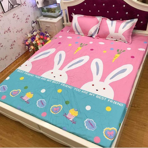 Sét Chăn Ga Gối 5 Món Cotton Poly Emmidecor Mẫu Thỏ Hồng