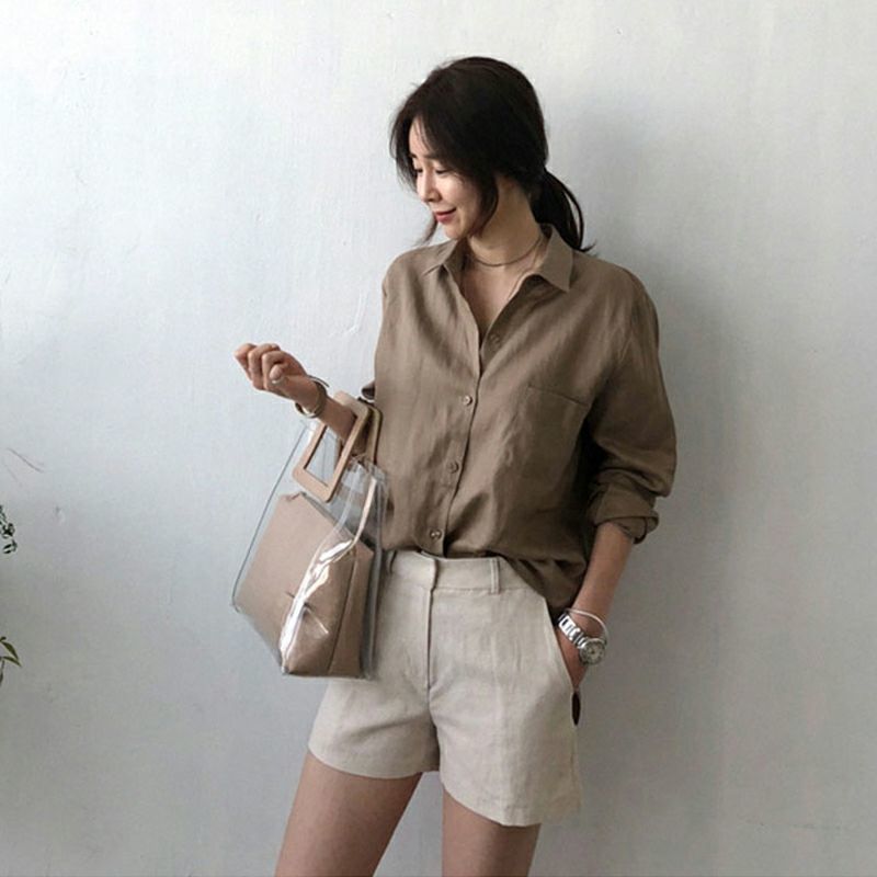 THEODORA White/Khaki turn-down collar long sleeve plain shirt Button down simple linen office lady blouse Sun protection breathable women tops