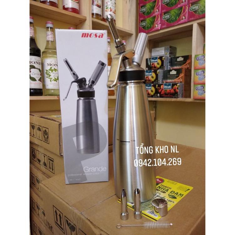 Bình Phun Kem Tươi Mosa Inox 1L/ Bình Phun Kem Tươi Mosa Inox 500ml - TẶNG KÈM CÔNG THỨC LÀM KEM TƯƠI