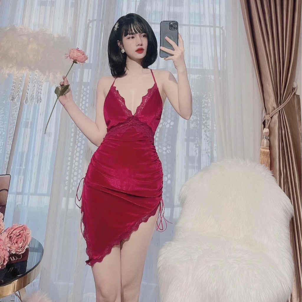 Váy ngủ sexy nhung mềm cao cấp Đầm mặc nhà gợi cảm quyến rũ 01