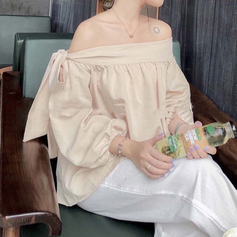 Áo trễ vai buộc nơ Madela chất đũi Hàn, Áo Kiểu Nữ Tay Nơ