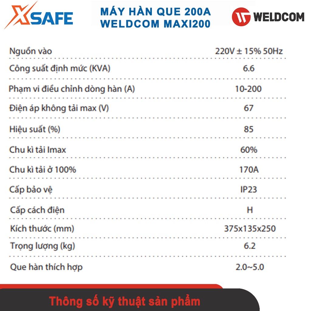 Máy hàn que Weldcom Maxi 200, dòng hàn từ 10A - 200A, đường kính que hàn 4.0mm, 5.0mm, có màn hình LED theo dõi thông số