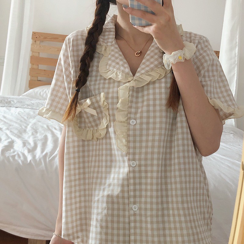 [CÓ SẴN] Đồ ngủ pijama kẻ caro bèo nhún cộc tay Hàn Quốc ullzang