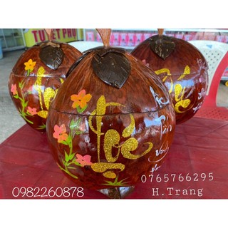 Vỏ giữ ấm bình trà trái dừa - Kèm ấm tích / Vỏ Giữ Ấm Bình Trà Trái Dừa Khắc Chữ Thư Pháp - Quà Tặng Trang Trí