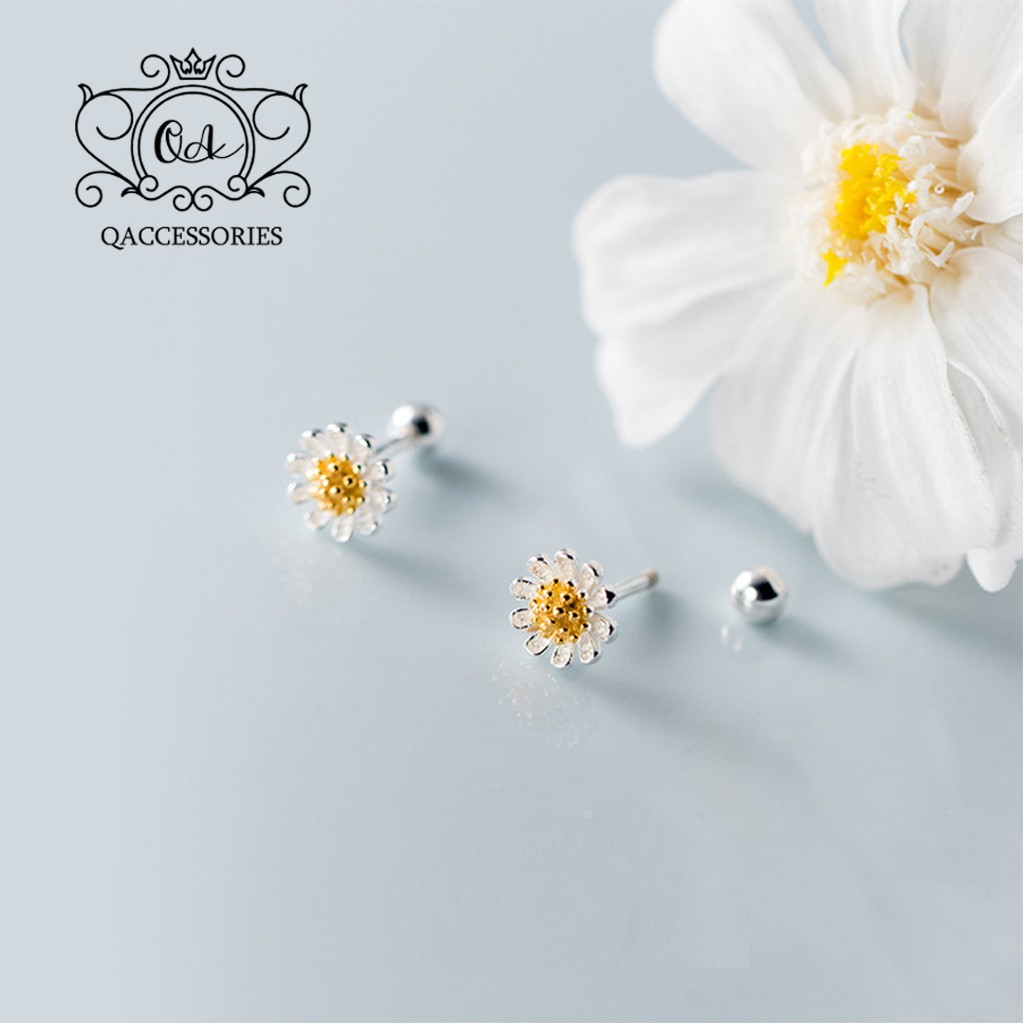 Bông tai bạc 925 hoa cúc nhụy vàng chốt bi vặn khuyên nụ S925 DAISY Silver Earrings QA SILVER EA210502