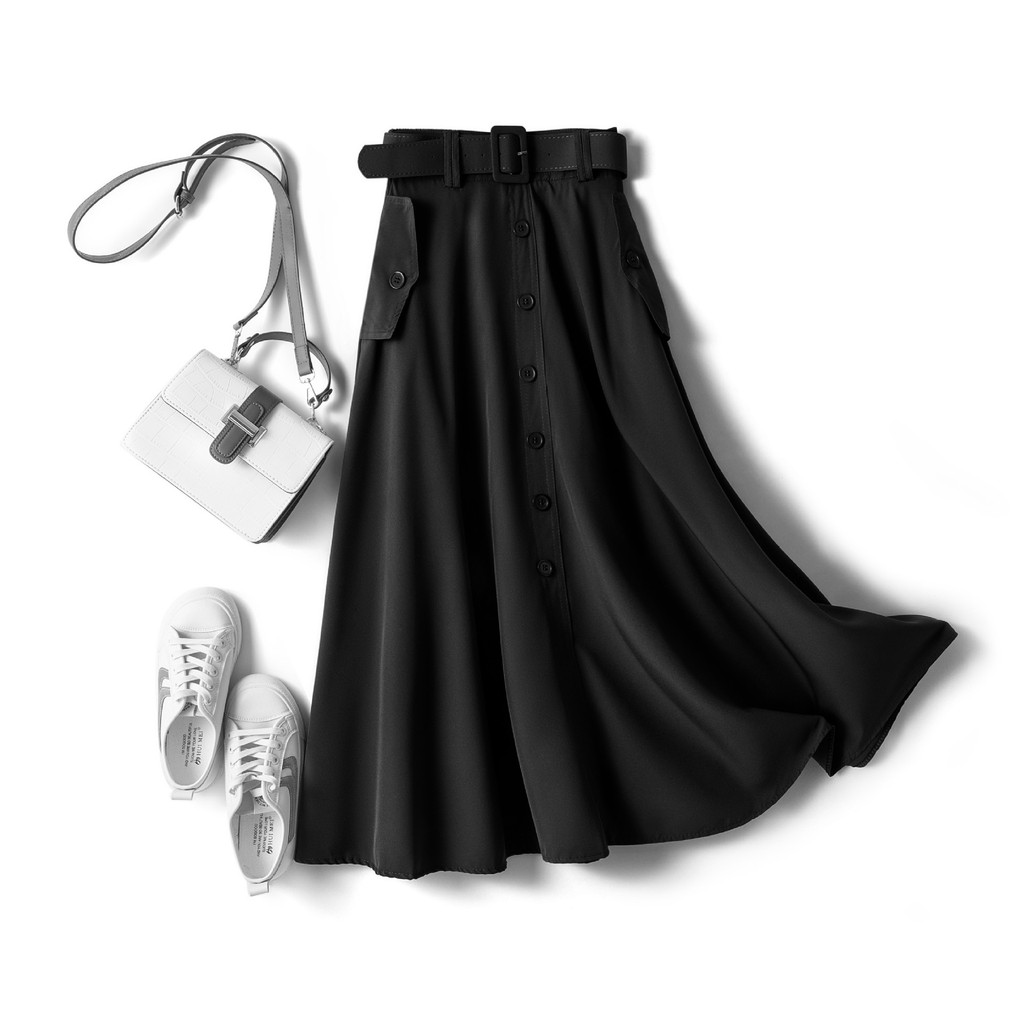 Chân váy dáng dàng đính túi cúc kèm đai vải xuông không nhăn free size VAY108