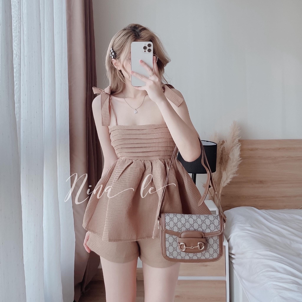 Áo 2 dây + Quần short  Set babydoll áo 2 dây xếp ly ngực kèm quần short chất đũi xốp mềm mại phồng đẹp Bun shop20