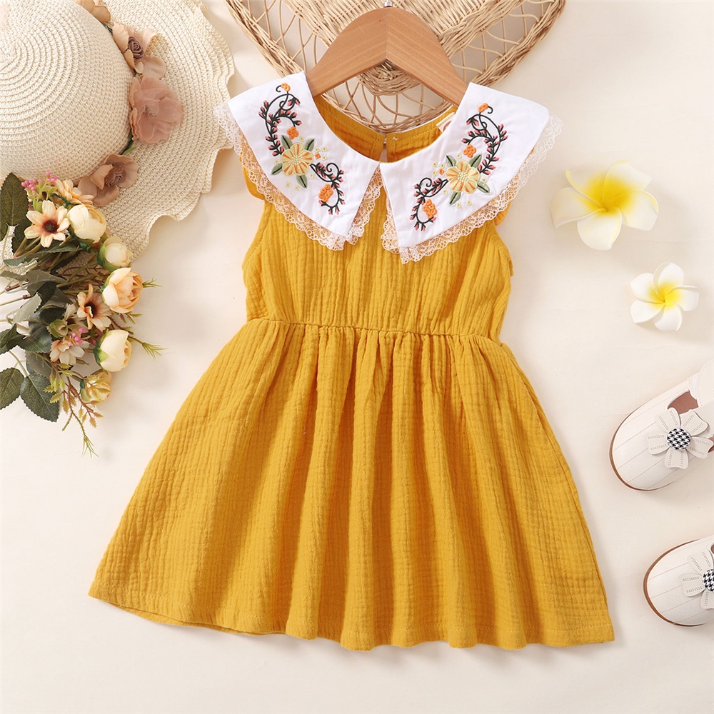 Đầm Chữ A Không Tay Cổ Peter Pan Thêu Hoa Cho Bé Gái 1-6 Tuổi