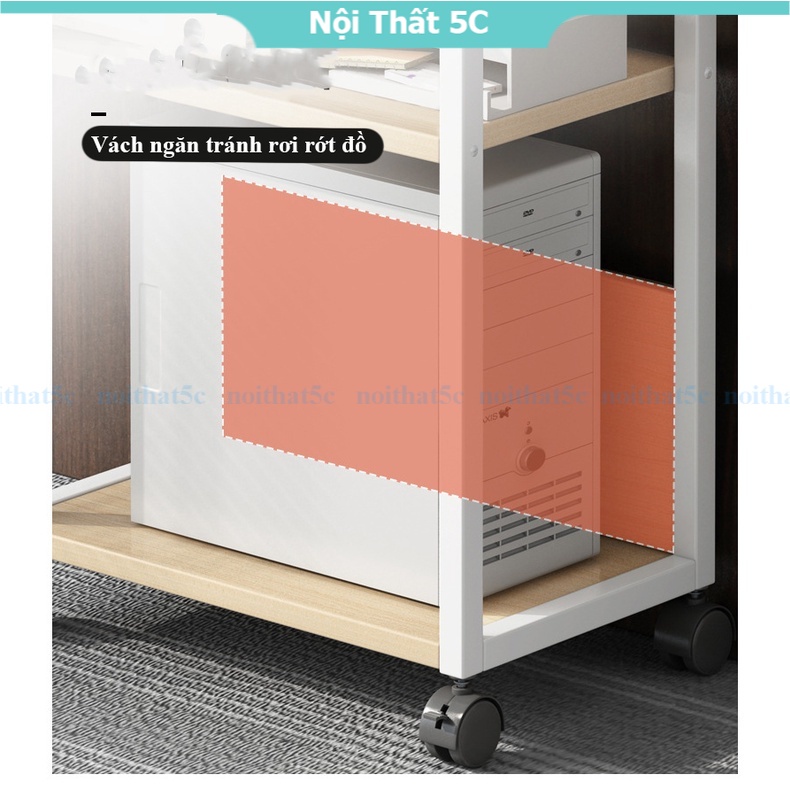 Giá sách khung sắt 5 tầng màu gỗ sáng, kệ để sách mặt gỗ MDF dễ lau chùi có bánh xe di chuyển thông minh